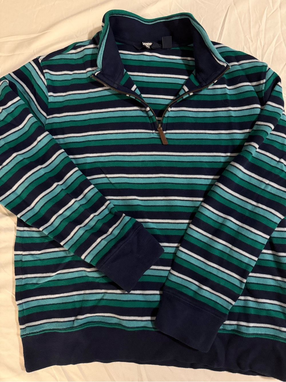 Lands' End Men's Navy, Teal, Light Blue & White Striped Quarter Zip Sweater